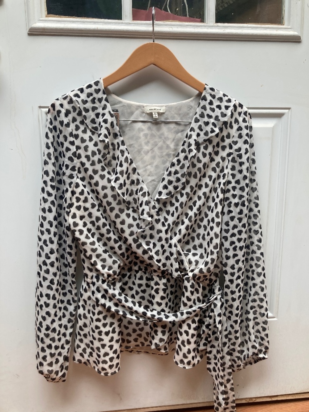 Max Studio Heart Print Ruffle Wrap Top Blouse - Large